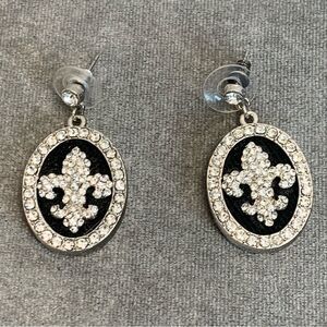 Fleur De Lis oval Crystal Rhinestone black dangling earrings